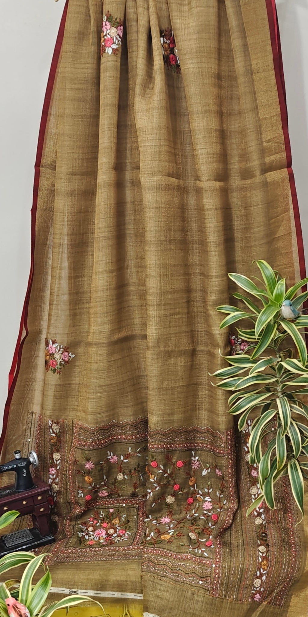 Hand Embroidered Linen Tissue Saree.