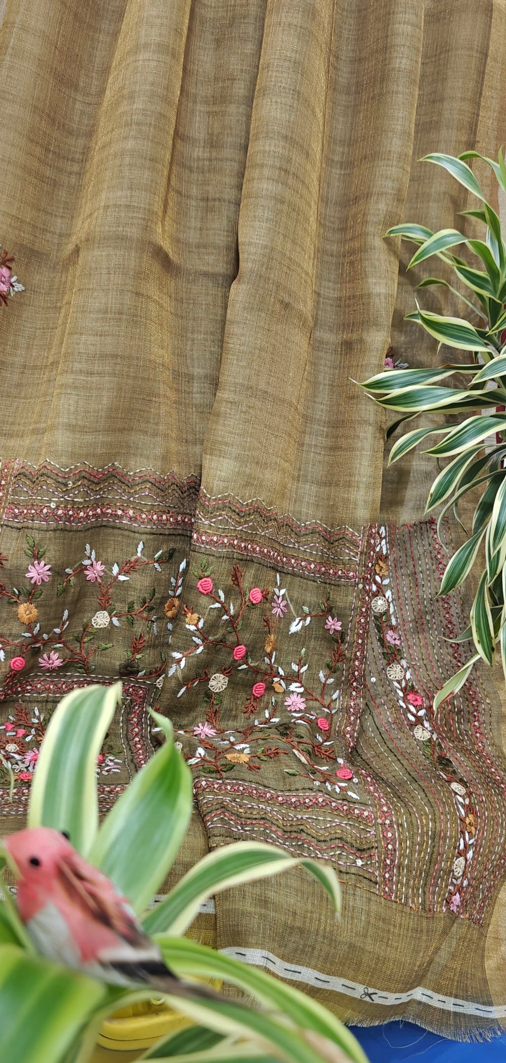 Hand Embroidered Linen Tissue Saree.