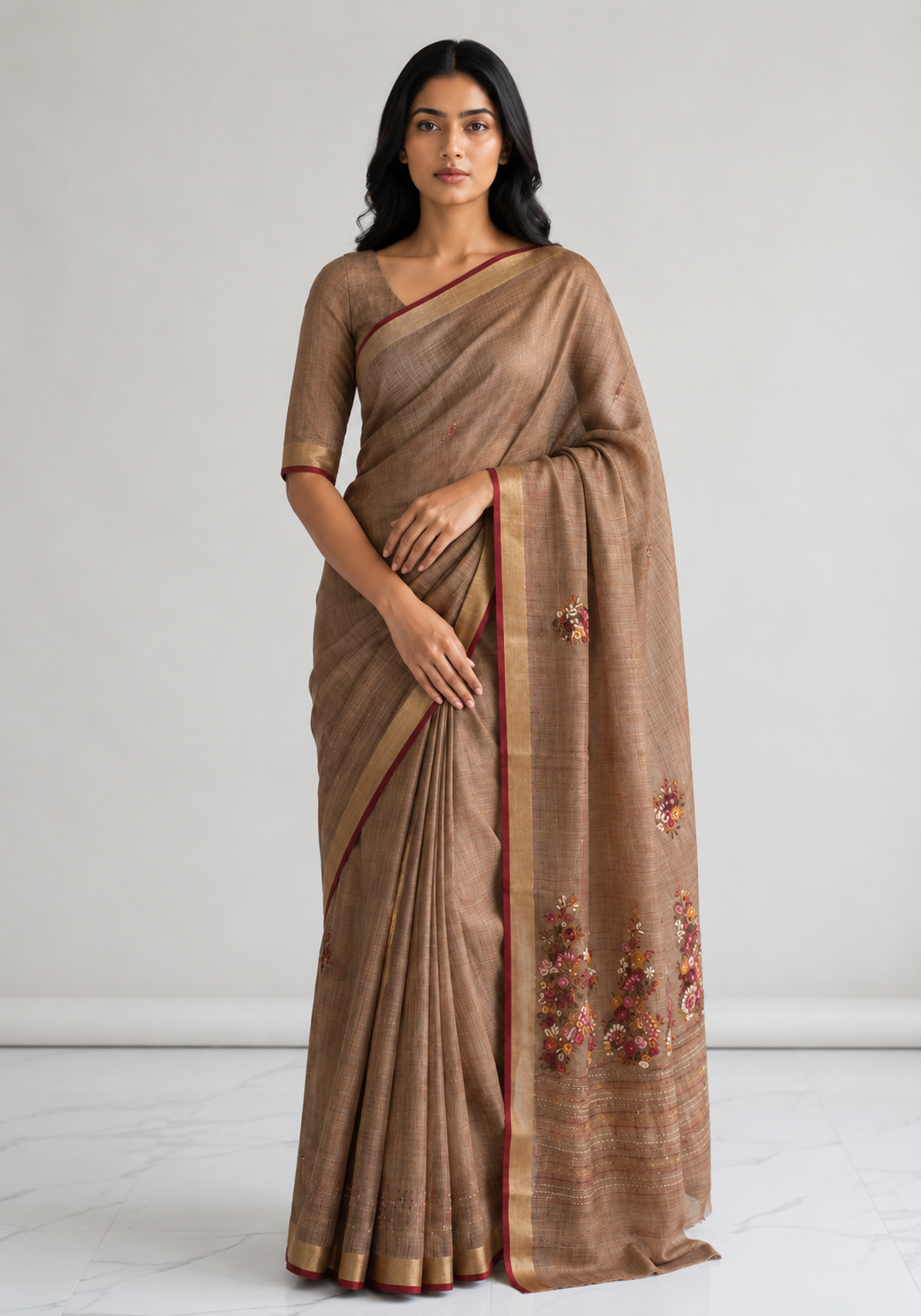 Hand Embroidered Linen Tissue Saree.